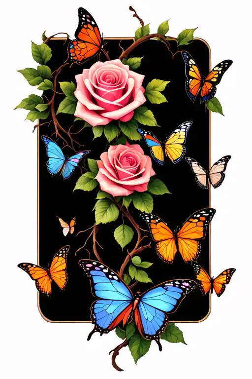Rose Vine And Butterflies Flying
