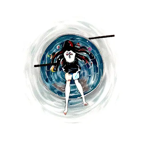 Blackwork Anime Logos Falling Into A Pool Of Multicoloured Water