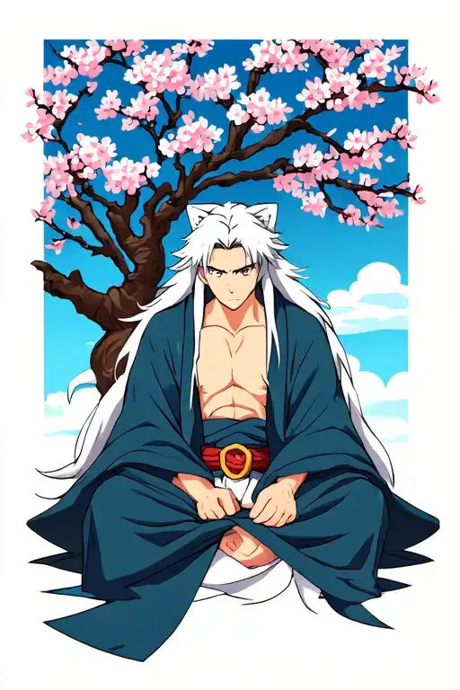 Male Sesshomaru From Inuyasha Sitting Under A Cherry Blossom Tree
