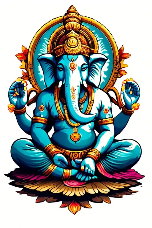 Ganesha Sitting On Ground With Spiritual Tattoo Design