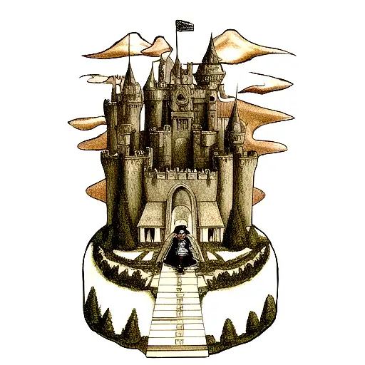 Guts From Berserk In Armour And Child Of Light's Aurora Traveling Towards A Castle With A Little Boy