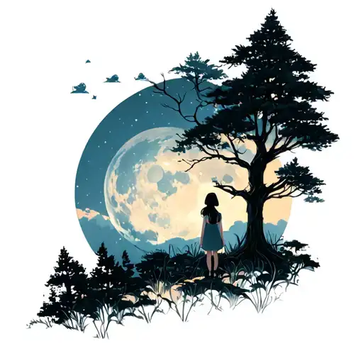 Forest With A Dentiero With A Girl In The Distance Looking At The Moon