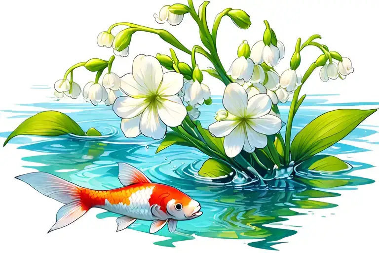 Lilly Of The Valley Flower With Clear Water And Koi Fick In The Back Ground