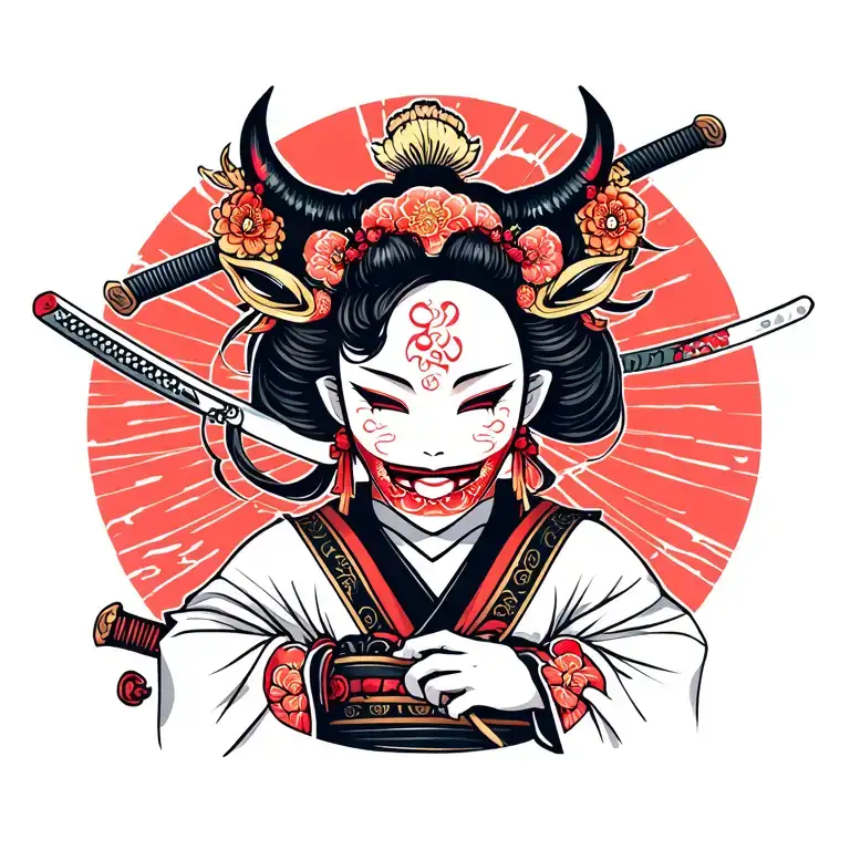 Oni Mask With Geisha Holding A Katana Sword