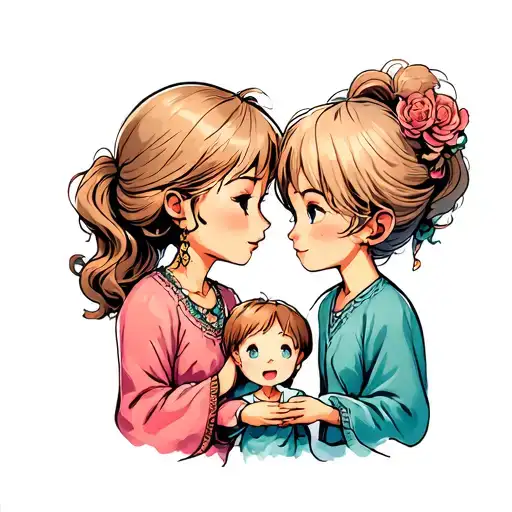 A Small Child With His Mother And Grandmother Gracing Him