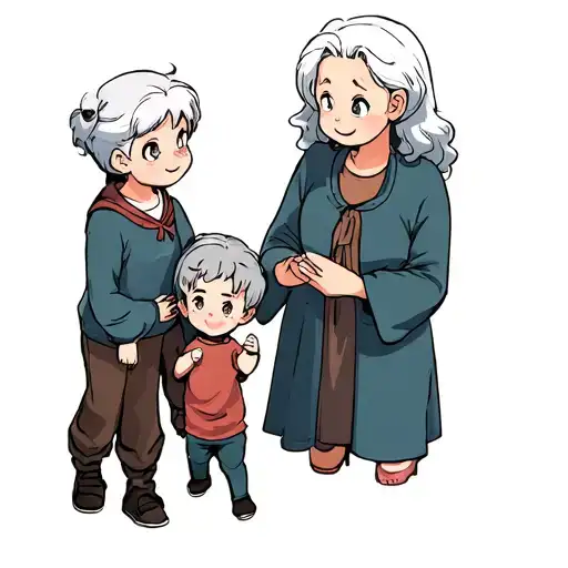 A Small Child With His Mother And His White-haired Grandmother Looking Forward