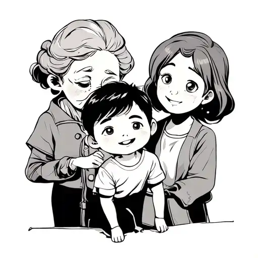 A Small Boy With His Mother And Elderly Grandmother Behind Him Looking Ahead