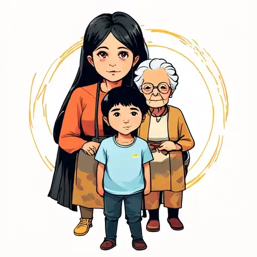 A Small Boy With His Mother And Elderly Grandmother Behind Him Looking Ahead