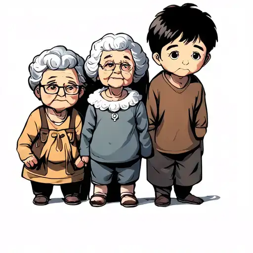 A Small Boy With His Mother And Elderly Grandmother Behind Him Looking Ahead