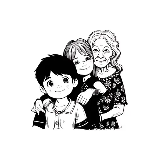 A Little Boy With His Female Mother And Elderly Grandmother Behind Him In Black And White