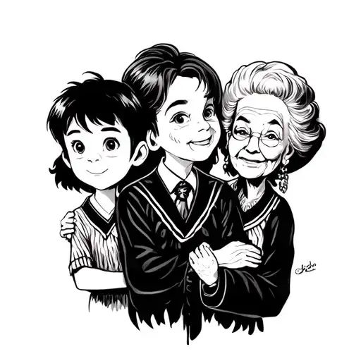 A Little Boy With His Female Mother And Elderly Grandmother Behind Him In Black And White