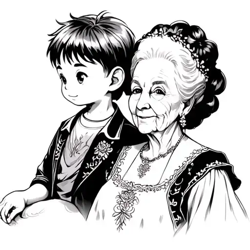 A Little Boy With His Female Mother And Elderly Grandmother Behind Him In Black And White