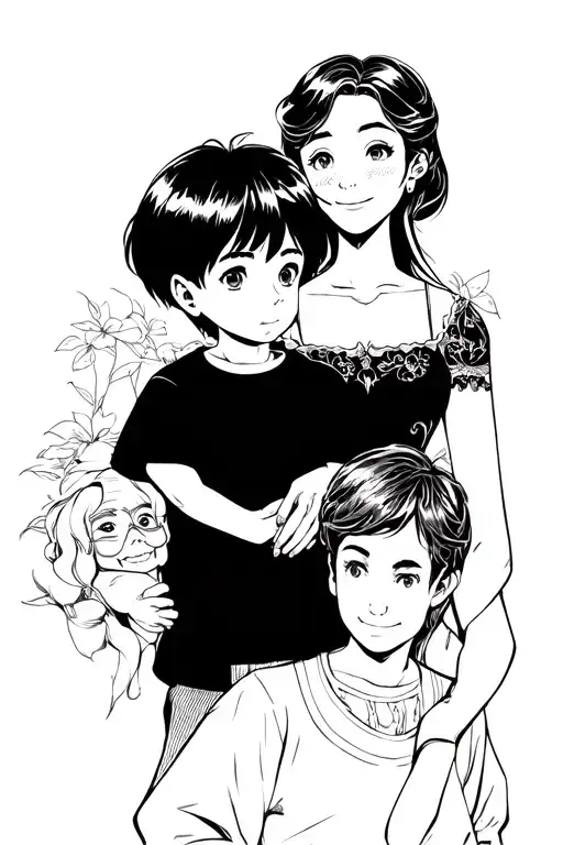 A Little Boy With His Female Mother And Elderly Grandmother Behind Him In Black And White