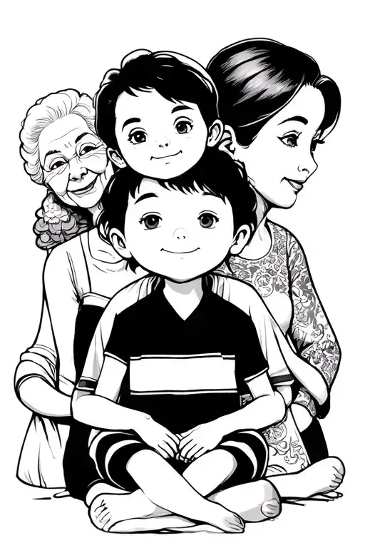 A Little Boy With His Female Mother And Elderly Grandmother Behind Him In Black And White