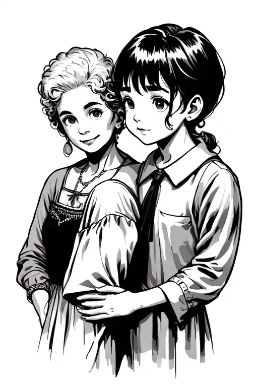 A Little Boy With His Female Mother And Elderly Grandmother Behind Him In Black And White