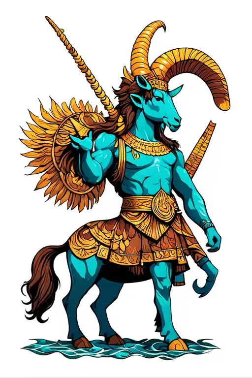 African Greek God Warrior Capicorn Sea Goat Surrounded