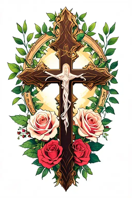 Christian Cross With Roses Surrounding