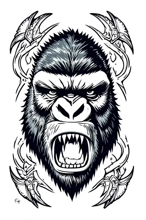 King Kong Face With War Scares Facing The Apex Predator With Dark Faded Back Outline