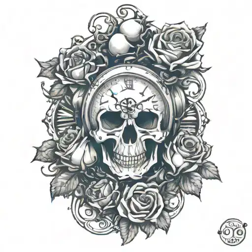 Skull Clock And Roses Intertwined