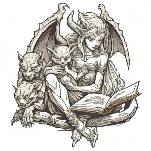 Female Gargoyle Warrior Reading With Her Baby