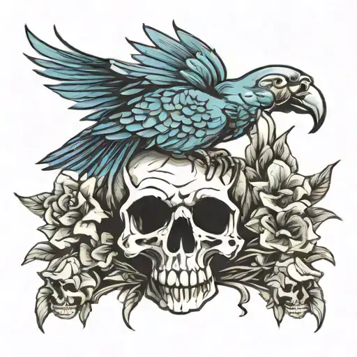 Cartoon Parrot Sitting On A Human Skull