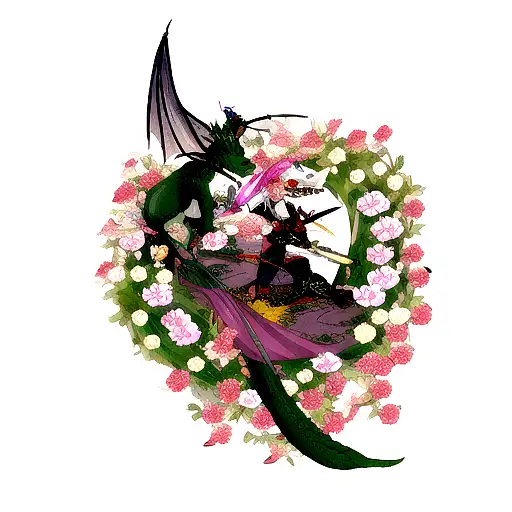 Dragon With A Sword With Flowers