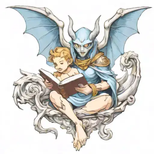 Female Gargoyle Warrior Reading With Her Baby