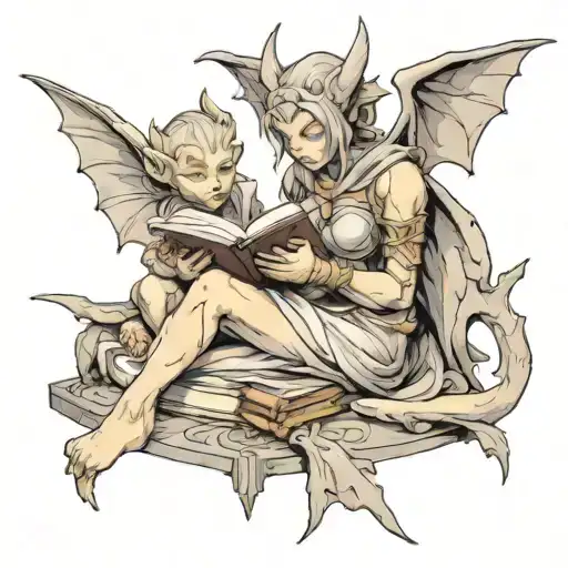 Female Gargoyle Warrior Reading With Her Baby