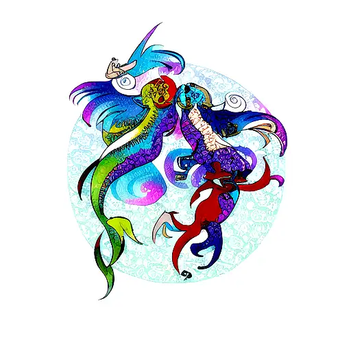 Psychedelic Tattoo Of A Pisces Fish Accompanied By Dancing Monkeys