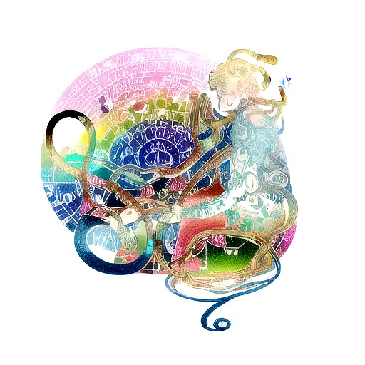 Psychedelic Tattoo Of A Pisces Constellation Formed By Musical Notes Around A Monkey