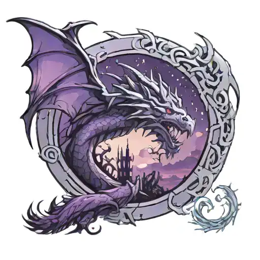 A Purple Portal With A Dragon Coming Out And Wrapping Around It With An Evil Looking Landscape