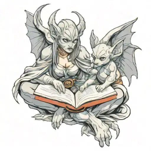 Female Gargoyle Warrior Reading With Her Baby
