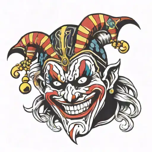 The Jester Holds A Scary Carnival Asian Mask In His Hand And Laughs