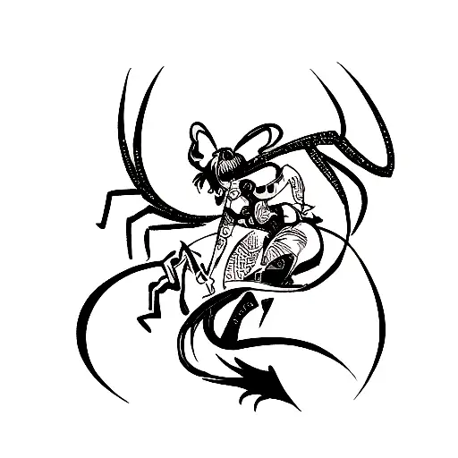 An Abstract Blackwork Tattoo Of A Scorpion Merging With A Silhouette Of A Woman's Body