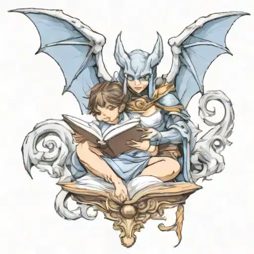 Female Gargoyle Warrior Reading With Her Baby