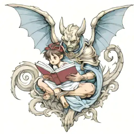 Female Gargoyle Warrior Reading With Her Baby