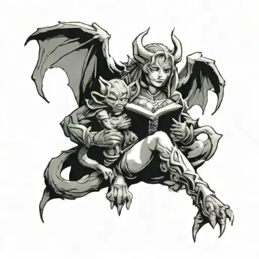 Female Gargoyle Warrior Reading With Her Baby