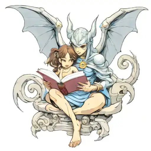 Female Gargoyle Warrior Reading With Her Baby