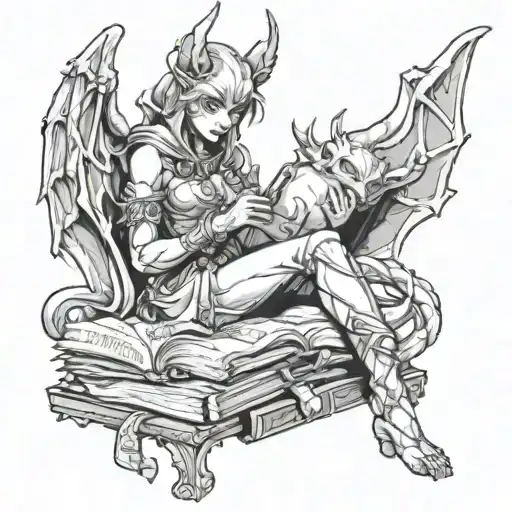 Female Gargoyle Warrior Reading With Her Baby