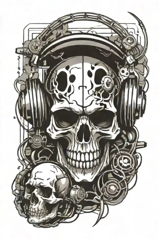 A Skull Wearing Headphones And Surrounded By Metal And Rock Music Symbols