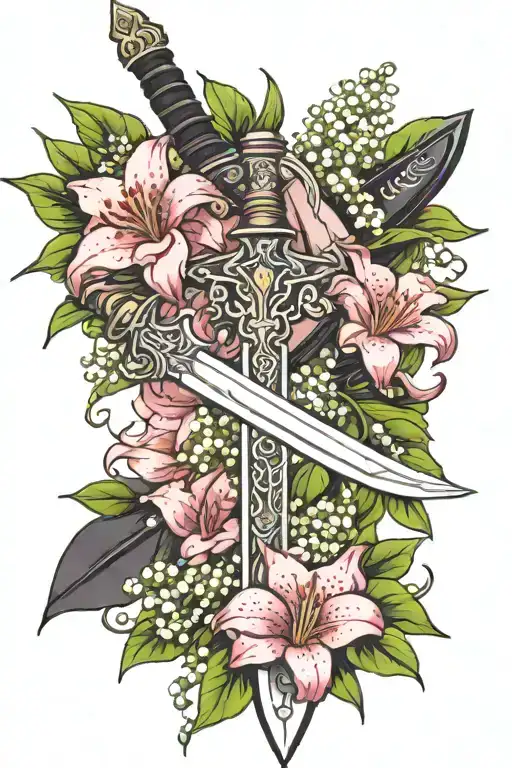 Zweihander Sword Surrounded By Lilly Of The Valley Flower