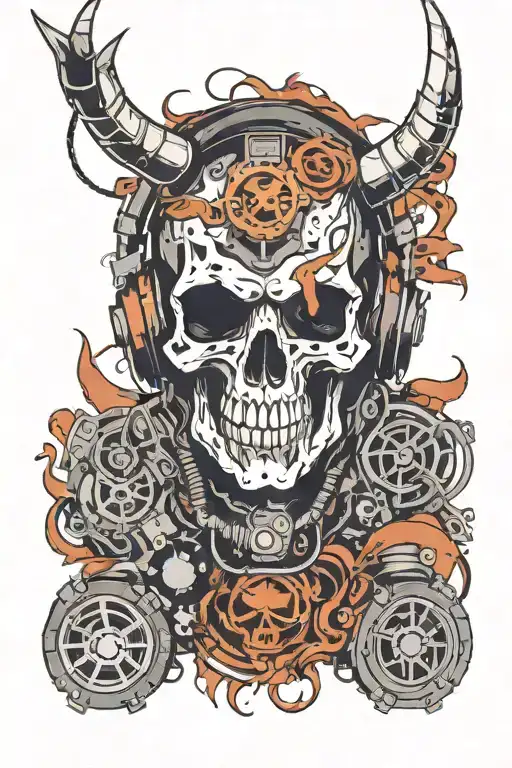 A Skull With Horns Wearing Headphones And Surrounded By Metal And Rock Music Symbols
