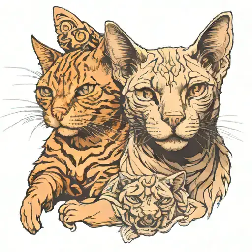 A Realistic Portrait Of A Sphinx And A Ginger Cat Intertwined In An Artistic Way