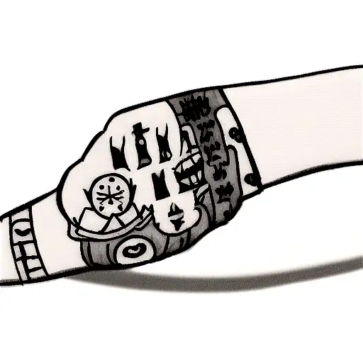 A Black-grey Tattoo Featuring Iconic Symbols From One Piece And Bleach And Soul Eater