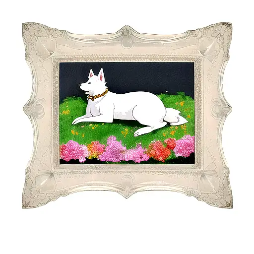 White Dog In Gold Picture Frame Covered In Flowers
