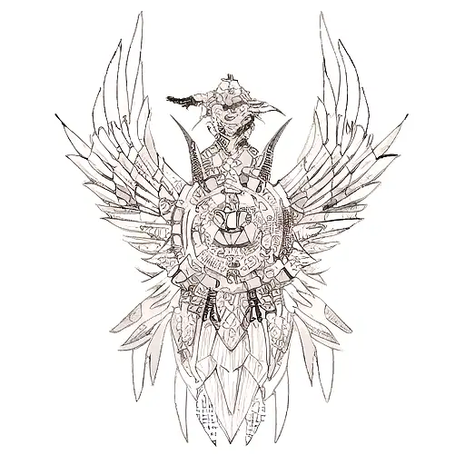 A Dotwork Tattoo Featuring A Futuristic Interpretation Of Odin Accompanied By A Cybernetic Raven