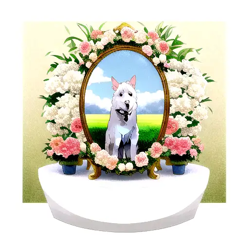 White Dog In Oval Gold Picture Frame Covered In Flowers