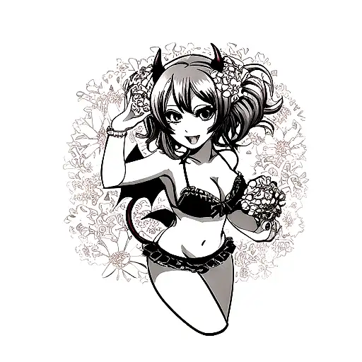 Demon Pinup With Flowers And Bikini