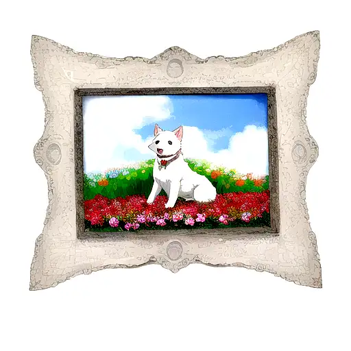White Dog In Picture Frame Covered In Flowers