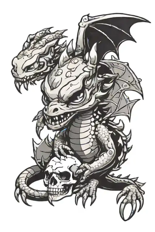 Cute Black Baby Dragon Holding A Skull With Small Fire On His Tail And Mouth